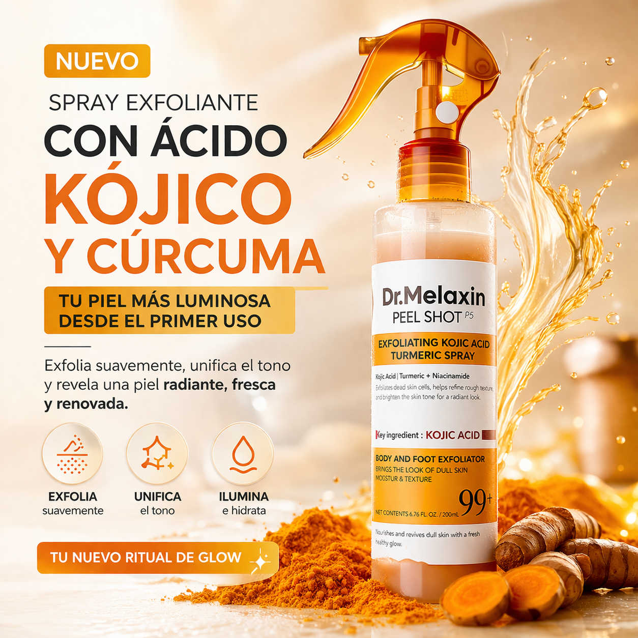 Dr. Melaxin Peel Shot – Spray Exfoliante con Ácido Kójico y Cúrcuma para Piel Luminosa y Uniforme
