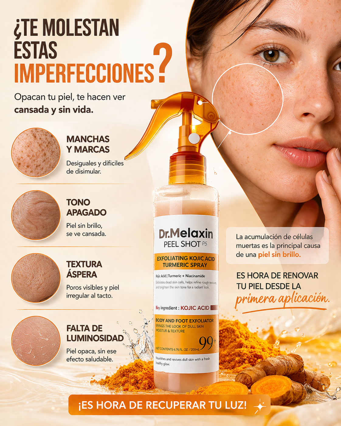 Dr. Melaxin Peel Shot – Spray Exfoliante con Ácido Kójico y Cúrcuma para Piel Luminosa y Uniforme