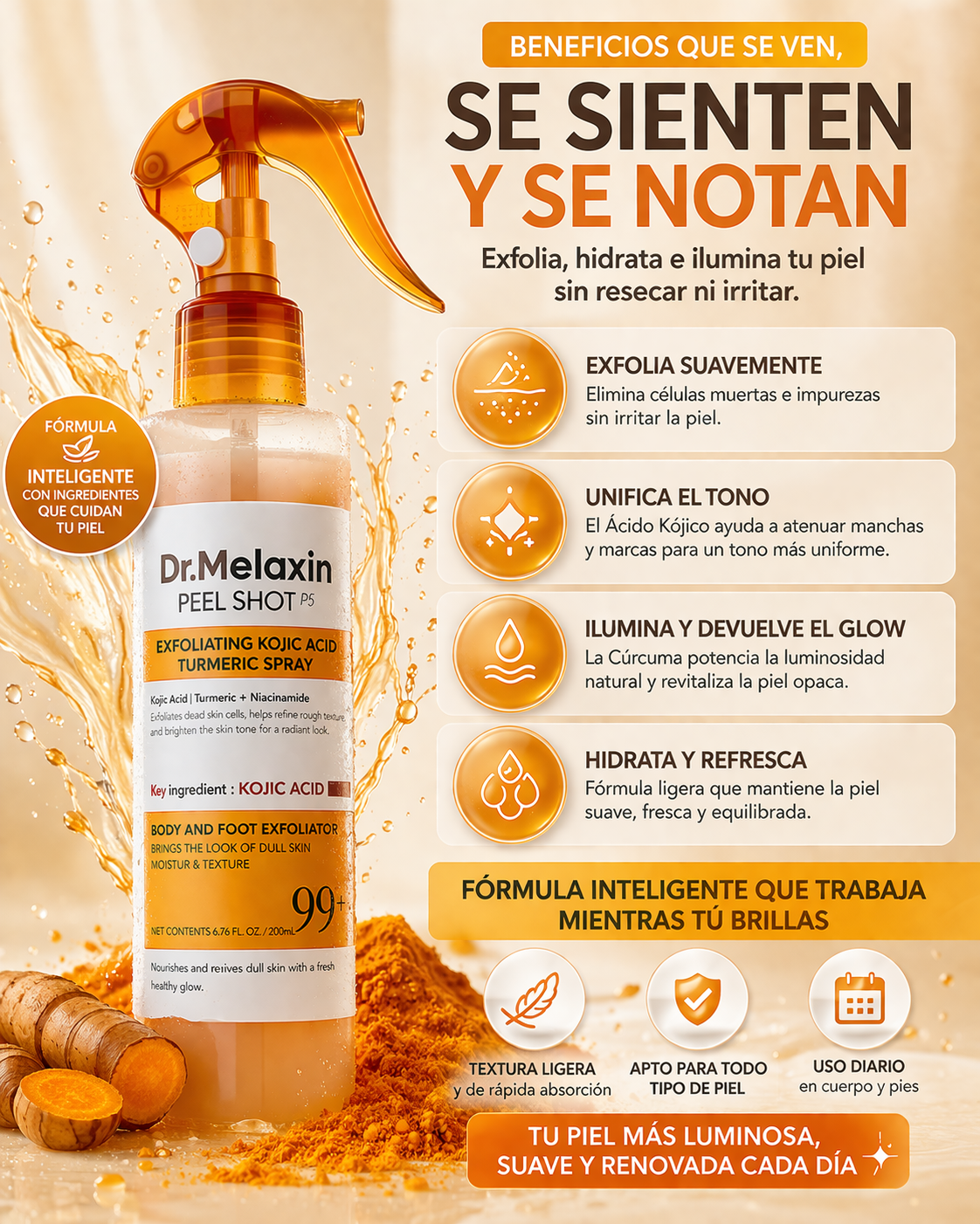 Dr. Melaxin Peel Shot – Spray Exfoliante con Ácido Kójico y Cúrcuma para Piel Luminosa y Uniforme