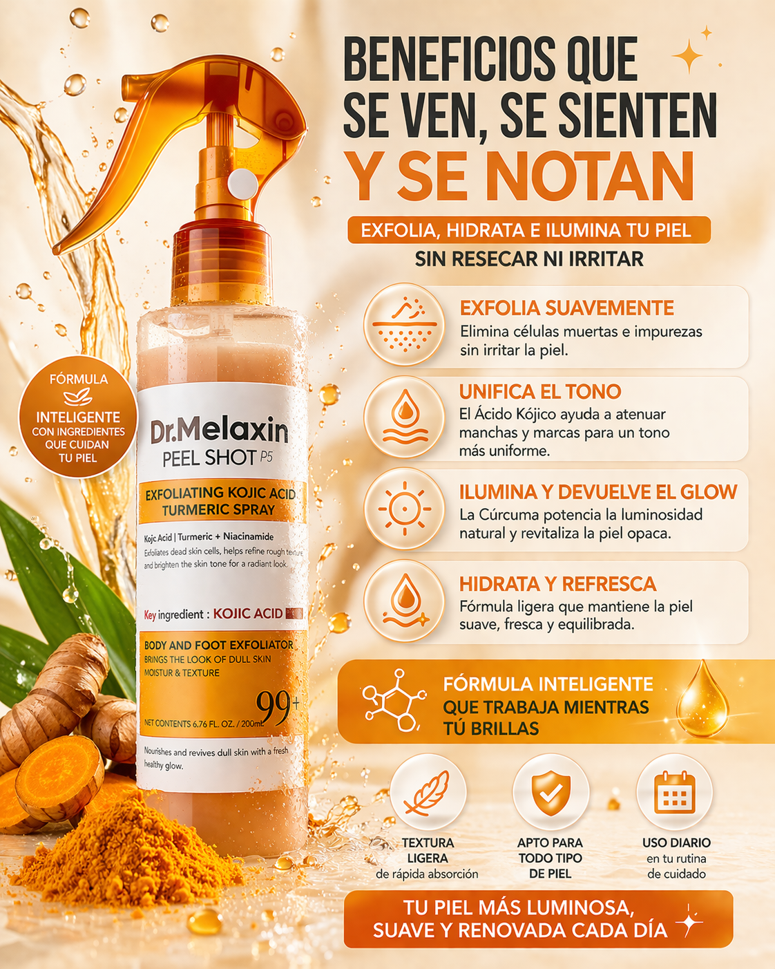 Dr. Melaxin Peel Shot – Spray Exfoliante con Ácido Kójico y Cúrcuma para Piel Luminosa y Uniforme