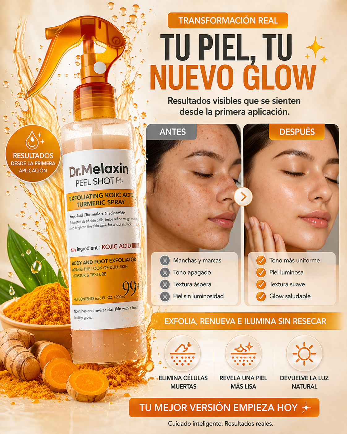 Dr. Melaxin Peel Shot – Spray Exfoliante con Ácido Kójico y Cúrcuma para Piel Luminosa y Uniforme