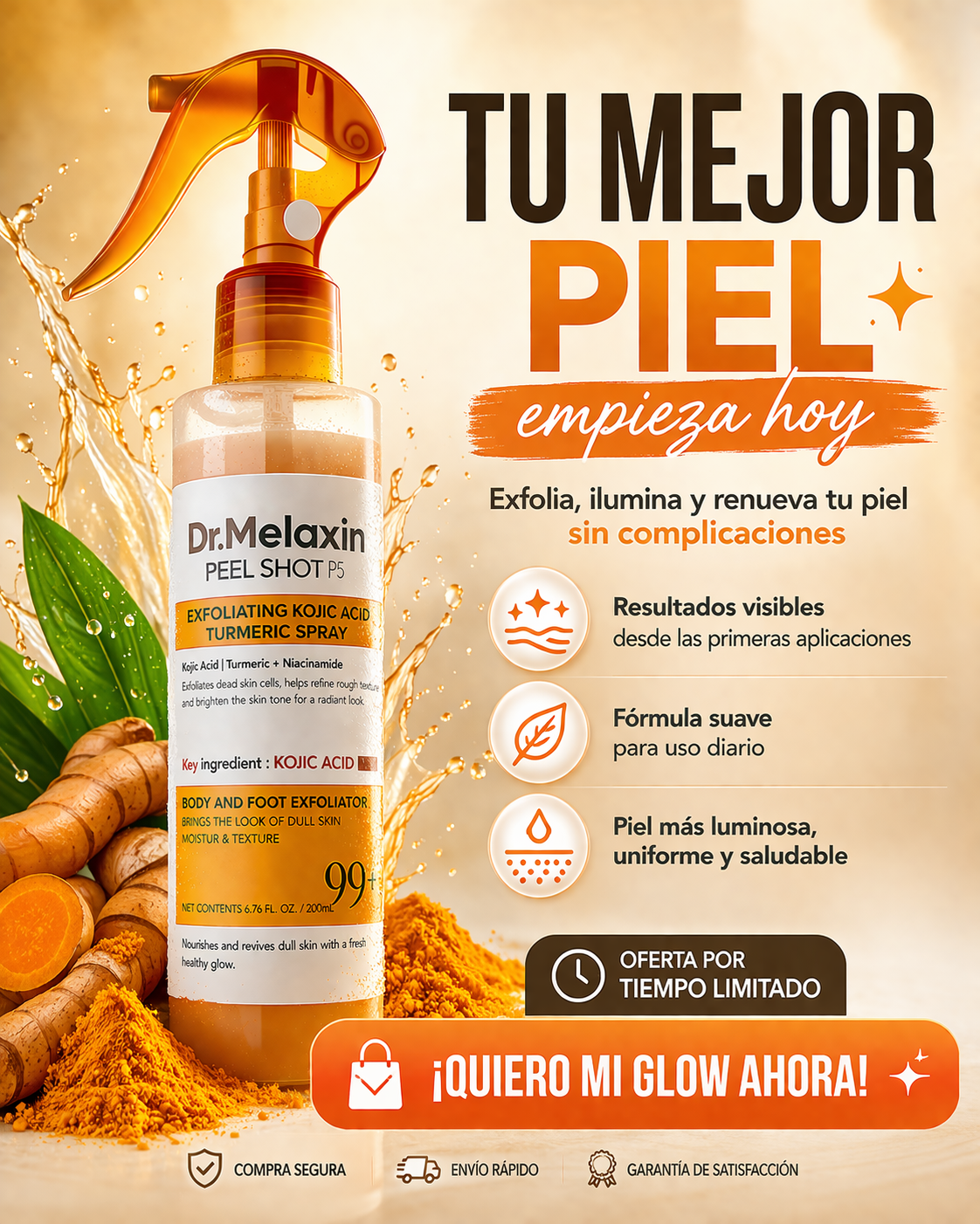 Dr. Melaxin Peel Shot – Spray Exfoliante con Ácido Kójico y Cúrcuma para Piel Luminosa y Uniforme