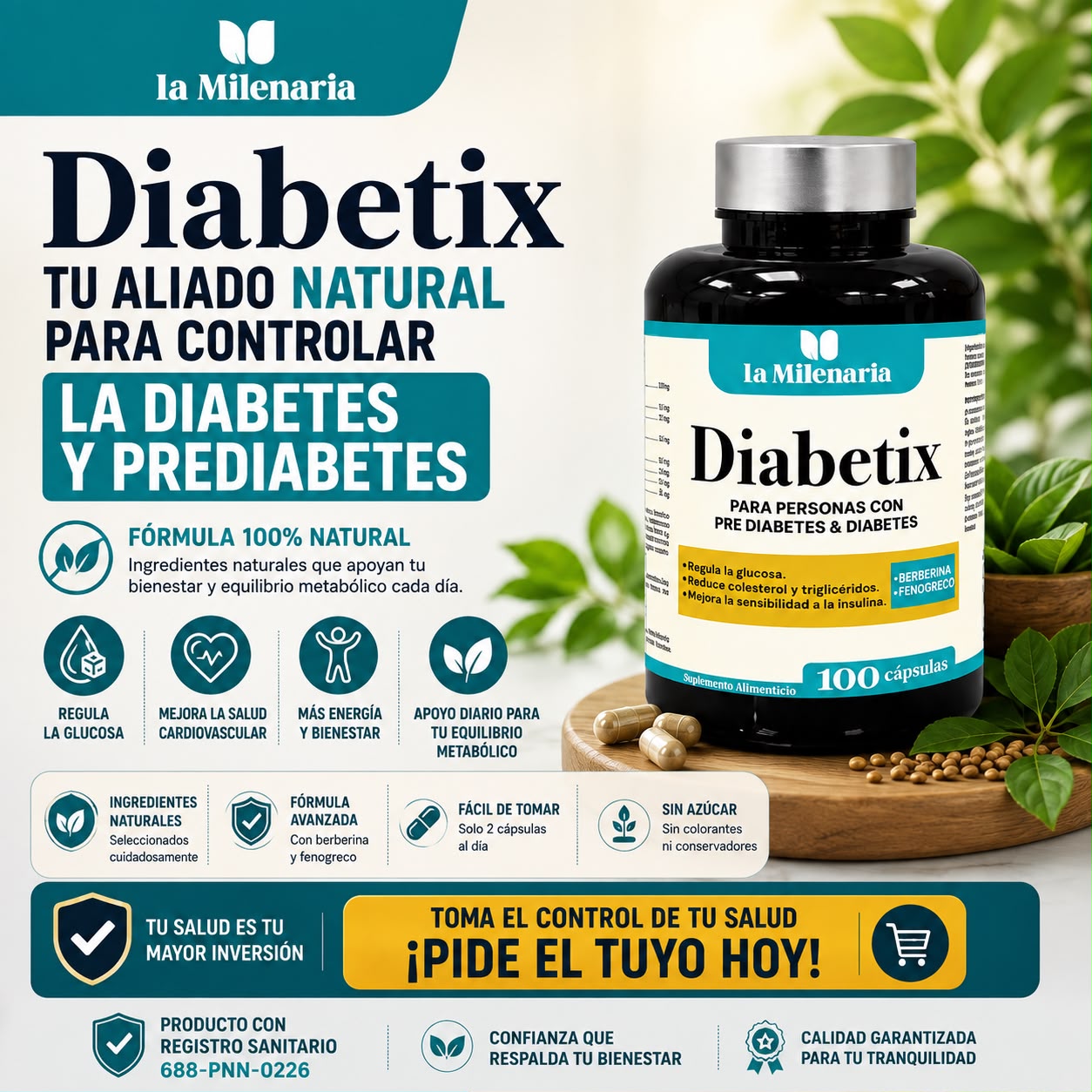 DIABETIX– SUPLEMENTO ALIMENTICIO CON BERBERINA, FENOGRECO Y MAS CON REGISTRO SANITARIO