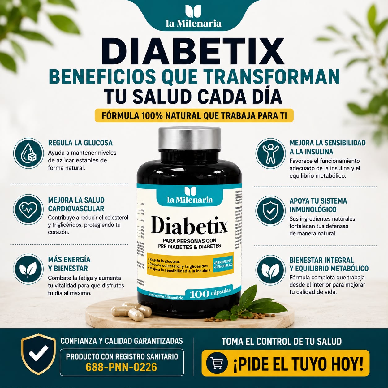 DIABETIX– SUPLEMENTO ALIMENTICIO CON BERBERINA, FENOGRECO Y MAS CON REGISTRO SANITARIO