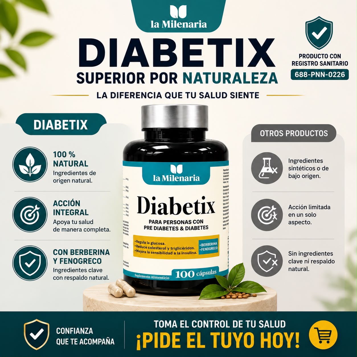 DIABETIX– SUPLEMENTO ALIMENTICIO CON BERBERINA, FENOGRECO Y MAS CON REGISTRO SANITARIO