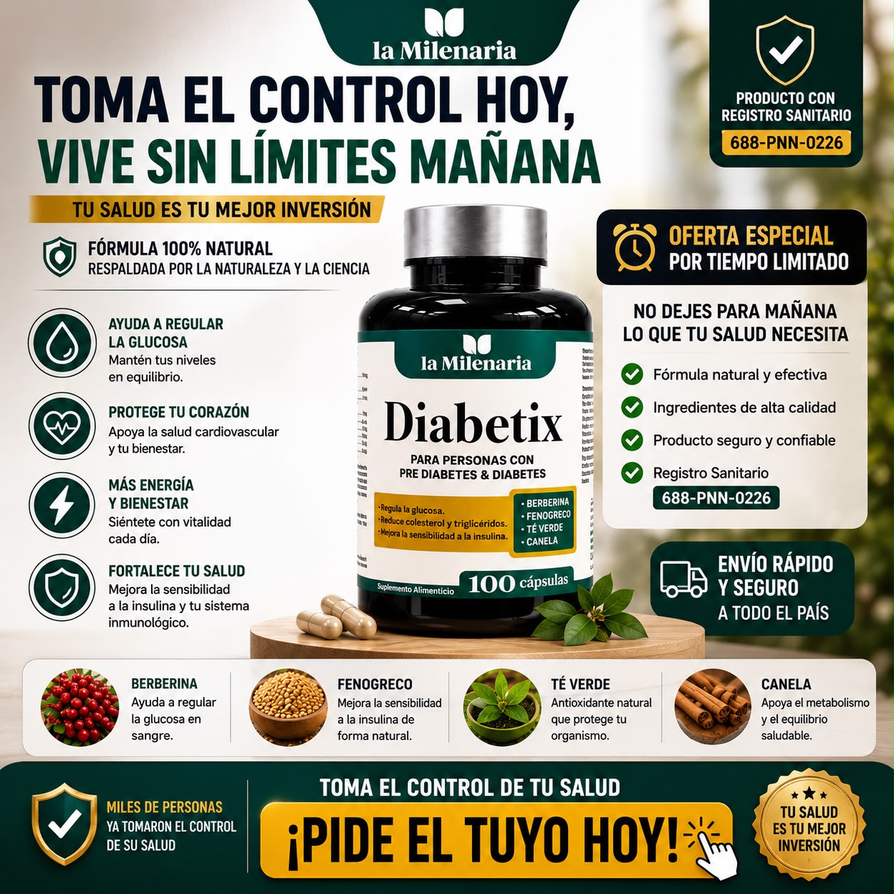 DIABETIX– SUPLEMENTO ALIMENTICIO CON BERBERINA, FENOGRECO Y MAS CON REGISTRO SANITARIO